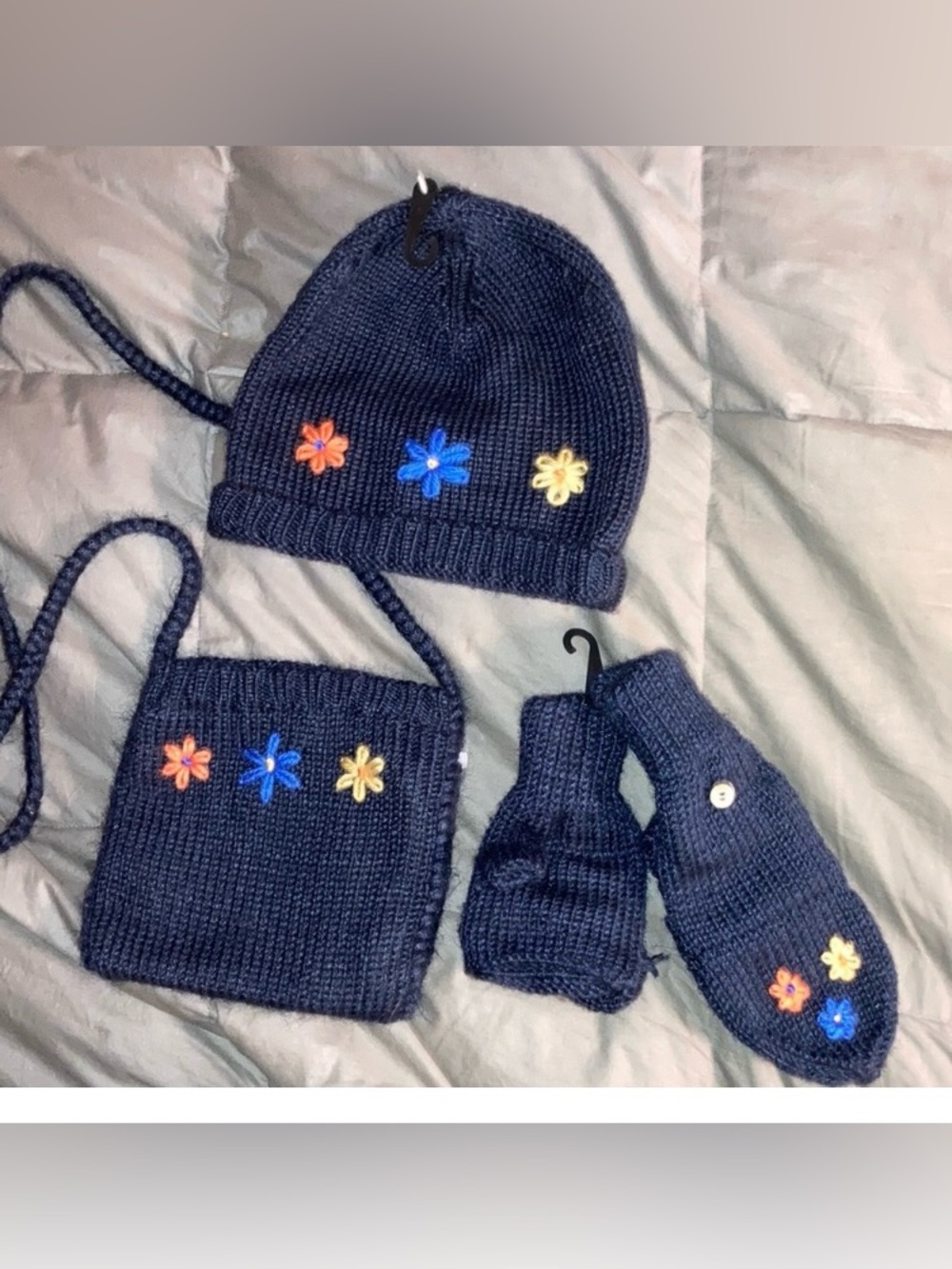 Kids Navy Blue Knit Hat, Bag & Mittens Set with Flower Appliqués